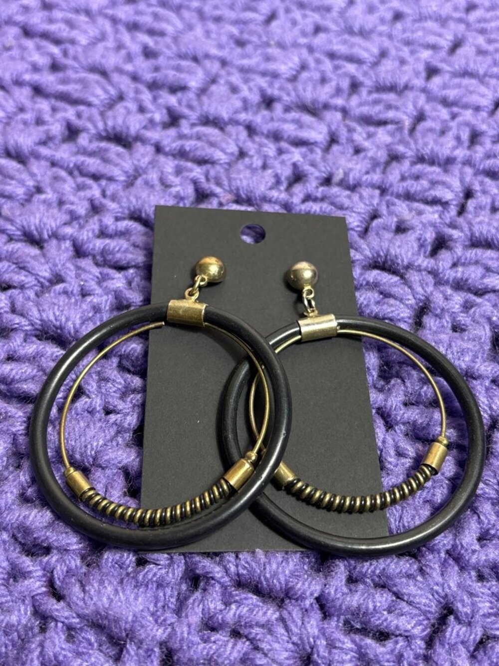 Vintage Circle Hoop Dangle Earrings Black Silvertone 2.75 inches